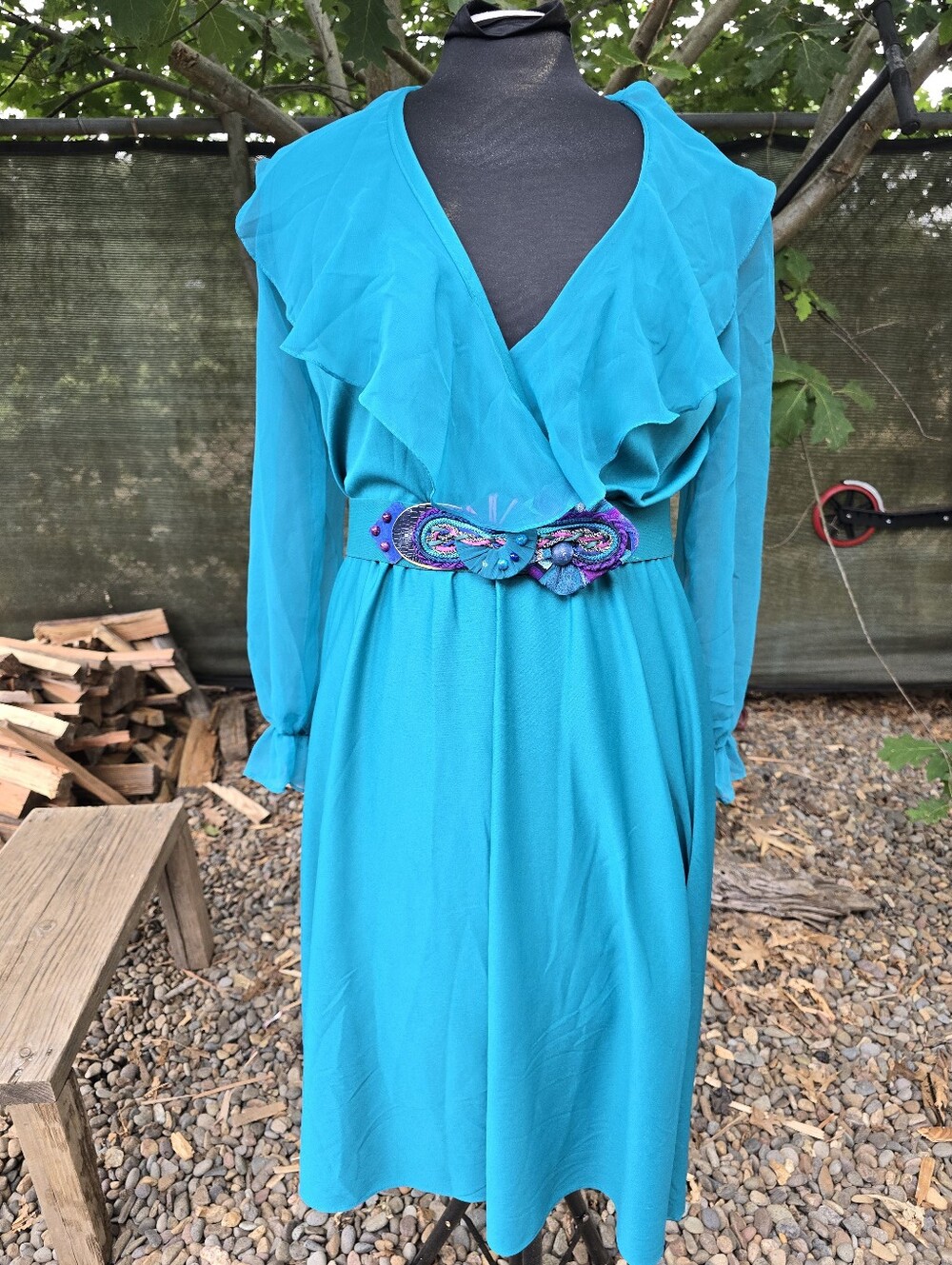Vtg 70's Teal Ruffle V-Neck Chiffon Party Midi Dress Grecian Boho Disco